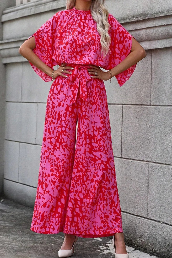 Hot Pink Leopard Belted Wide Leg Jumpsuit
