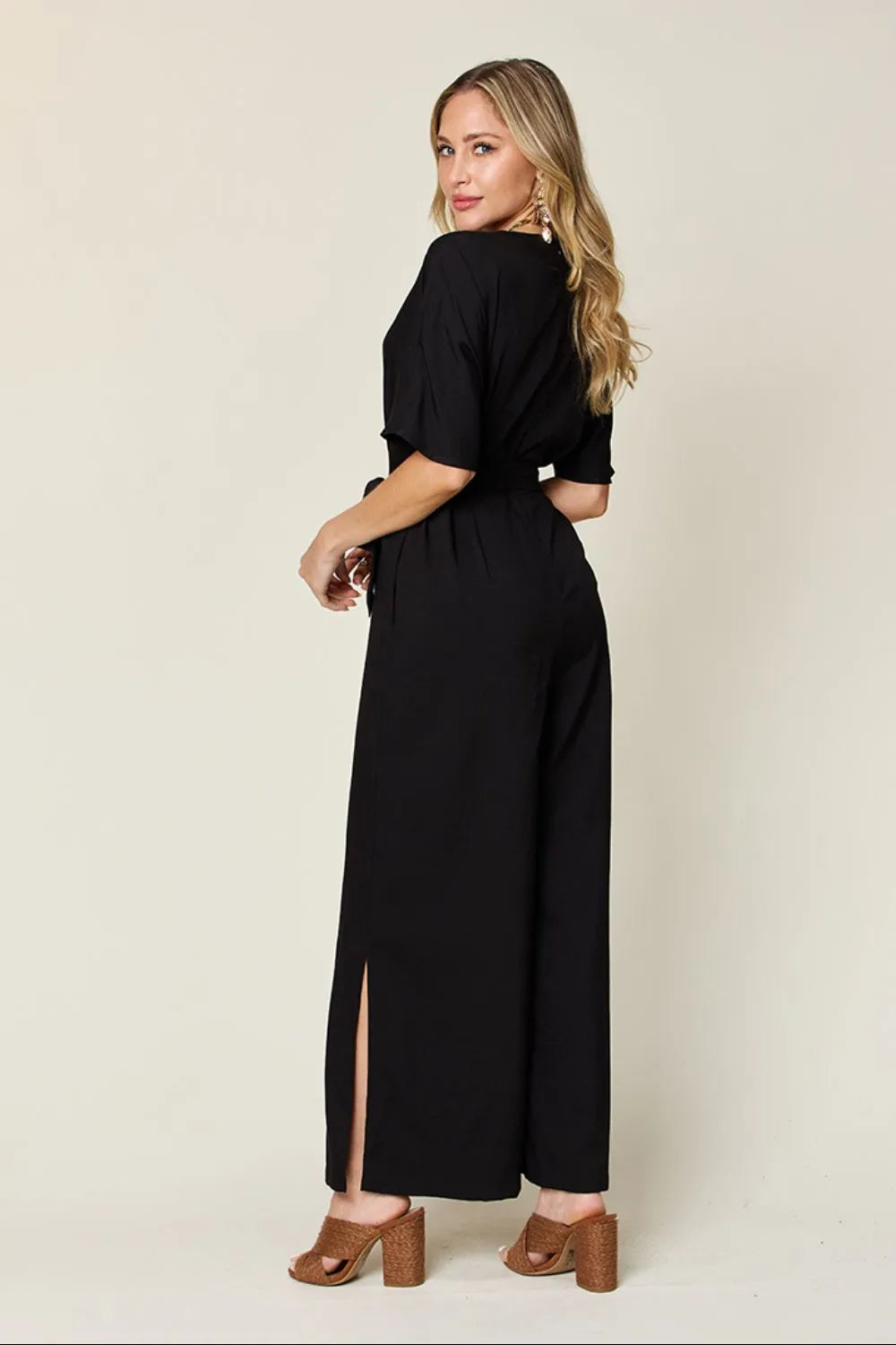 Black Double Take Full Size V Neck Tied Side Slit Jumpsuit