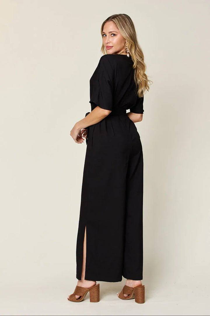 Black Double Take Full Size V Neck Tied Side Slit Jumpsuit