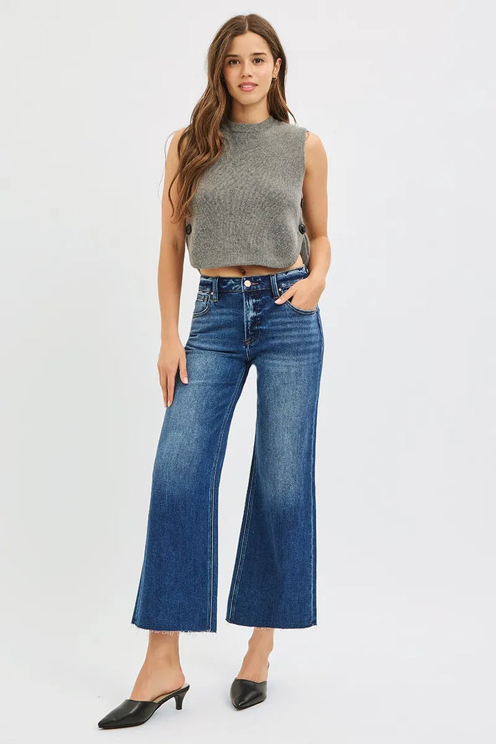 Dark Risen Full Size Mid Rise Crop Wide Raw Cut Hem Jeans Plus Size