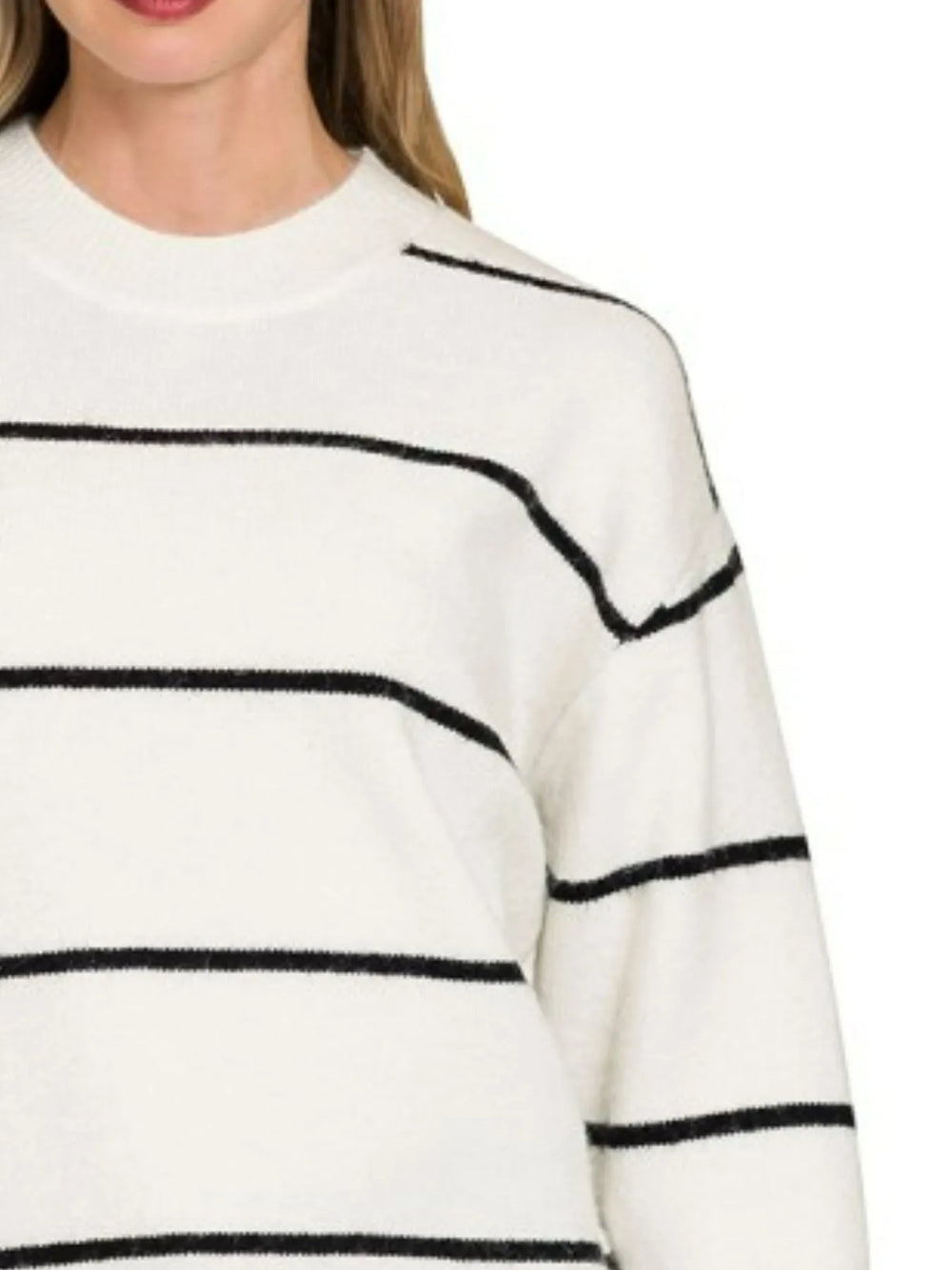 Ivory/Black Zenana Round Neck Stripe Sweater