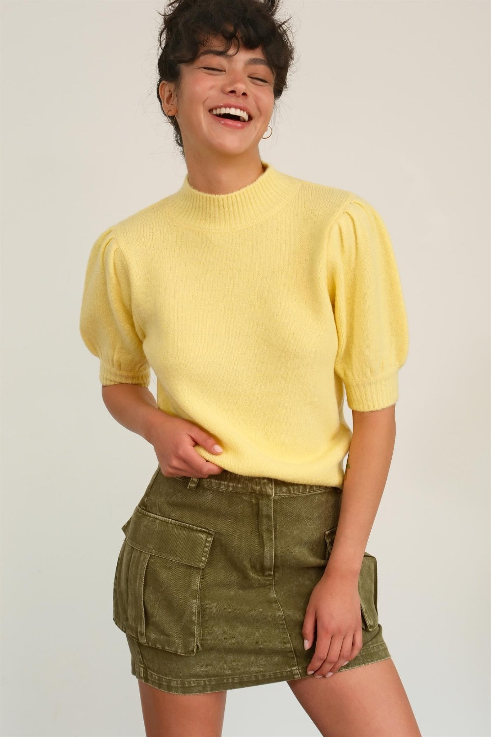 Creamy Yellow Hyfve Mock Neck Puff Sleeve Sweater