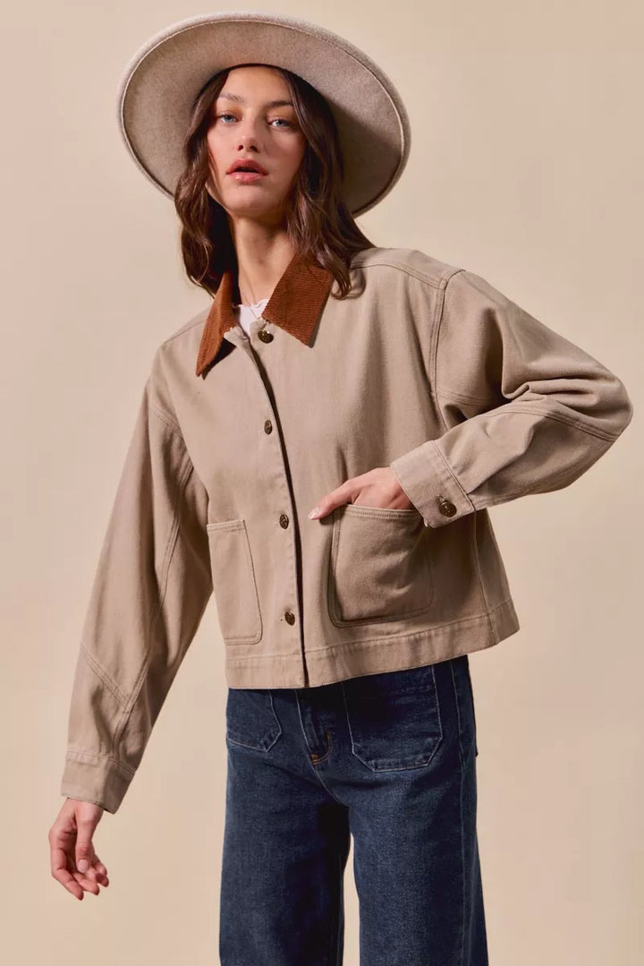 Taupe So Me Cotton Twill Cropped Barn Jacket Wtih Collar