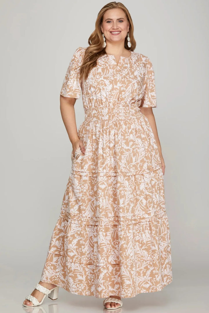 Apricot She Sky Printed Notched Woven Tiered Pintuck Maxi Dress With Side Pockets