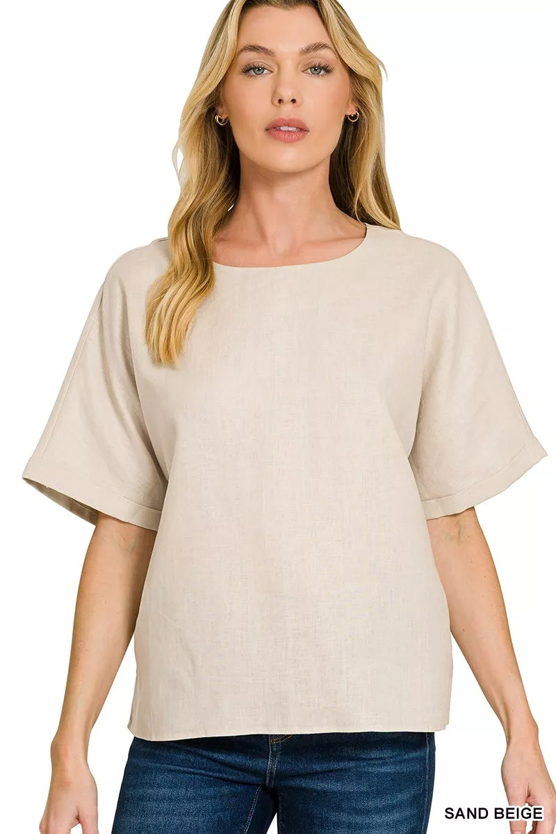 Sand Beige Zenana Linen Round Neck Cuffed Sleeve Top 6