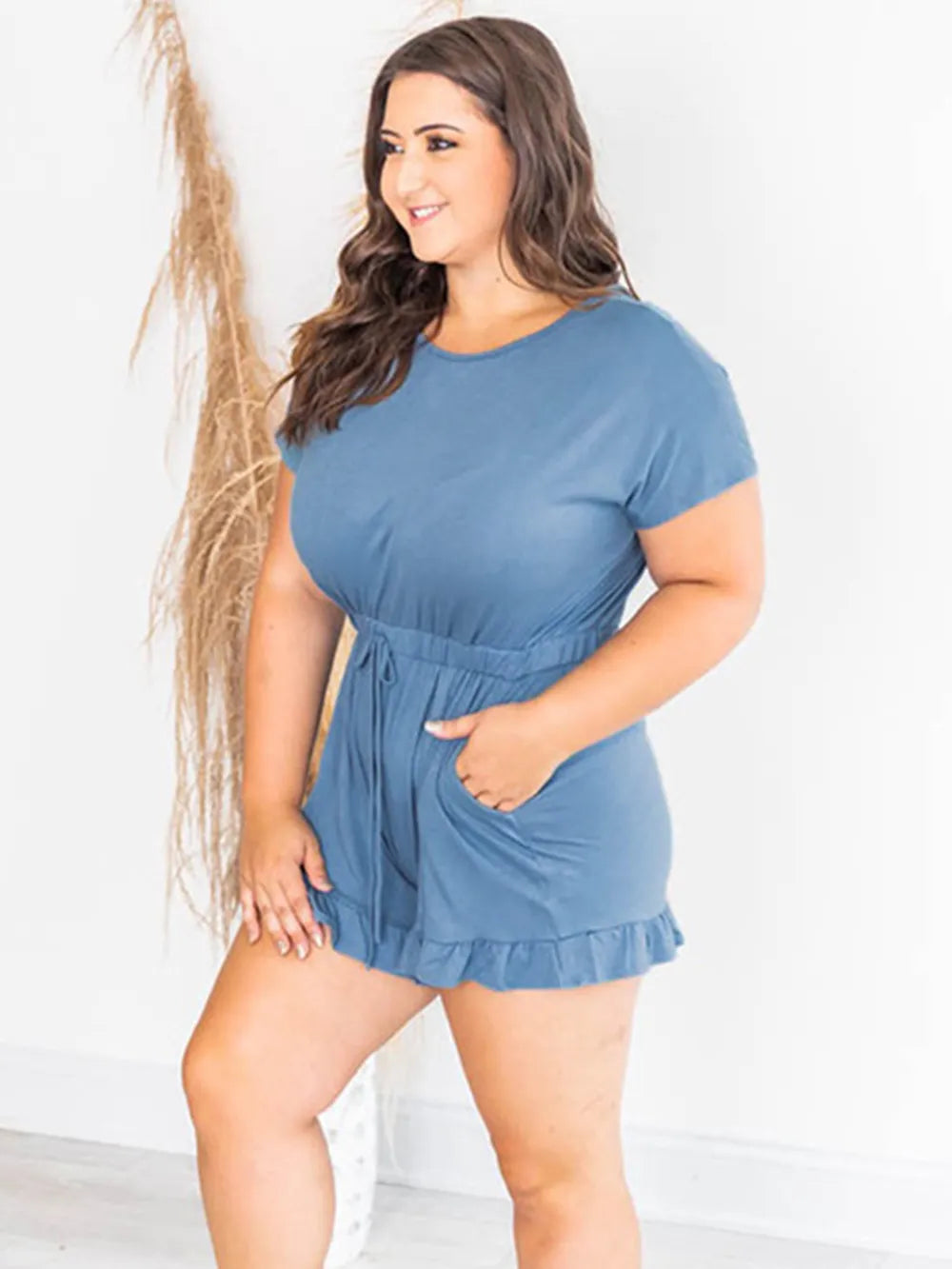 Blush Pink Ruffled Boat Neck Short Sleeve Romper