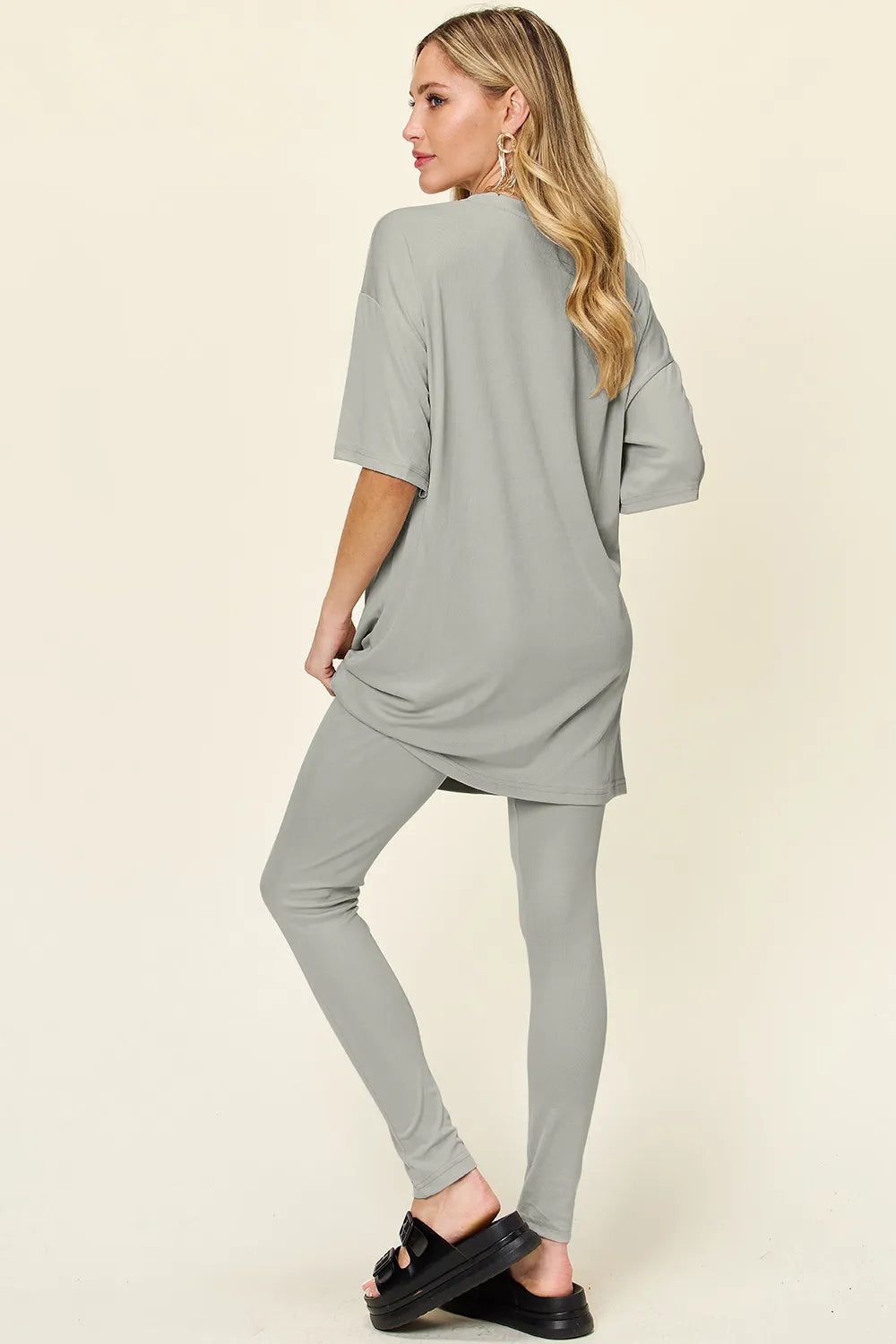 Light Green Double Take Full Size Round Neck Dropped Shoulder T Shirt And Leggings Set