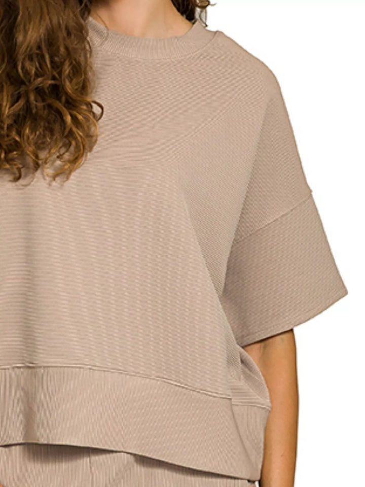 Ash Mocha Zenana Ribbed Round Neck Tee Pants Set