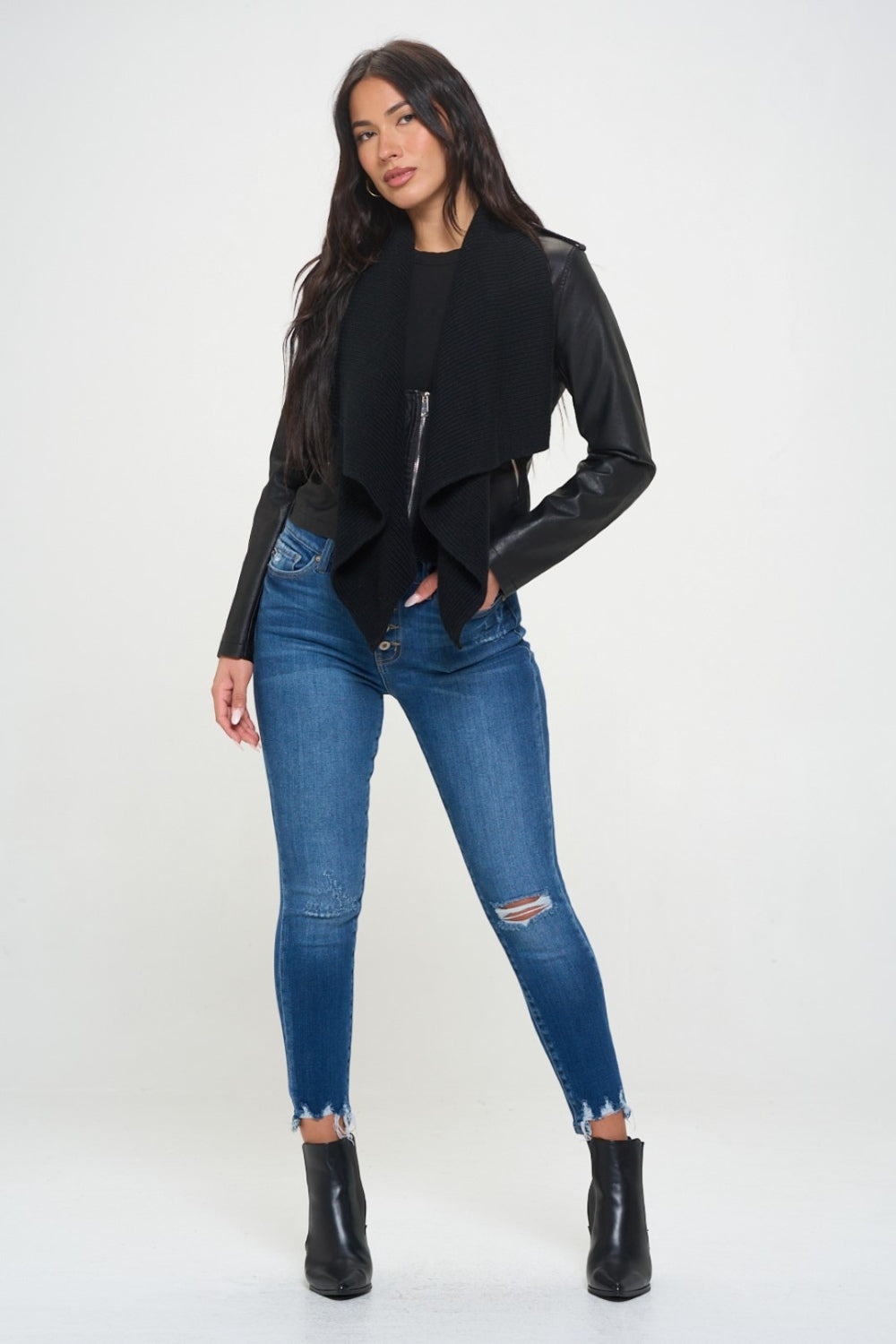 Black Coalition La Knit Collared Faux Leather Crop Jacket