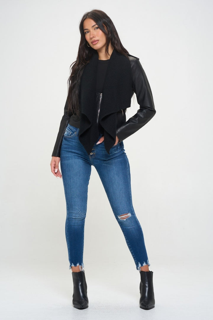 Black Coalition La Knit Collared Faux Leather Crop Jacket