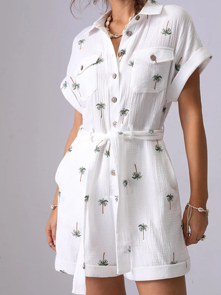 White Palm Tree Print Short Sleeve Button Up Romper With Belt