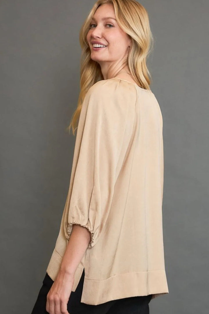 Tan Umgee Full Size Crinkled Satin Top Plus Size
