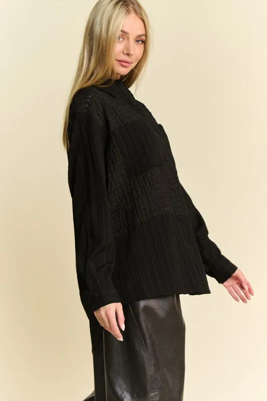 Black Davi Dani Crinkled Jacquard Button Down Shirt