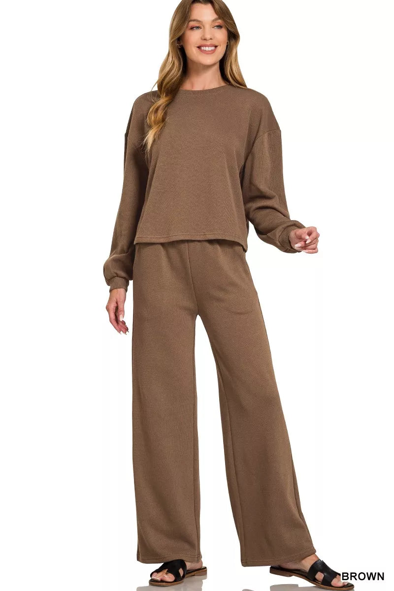 Brown Zenana French Rib Pullover And Pants Set 2