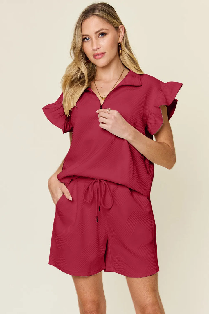 Black Double Take Full Size Texture Flounce Sleeve Top And Drawstring Shorts Set