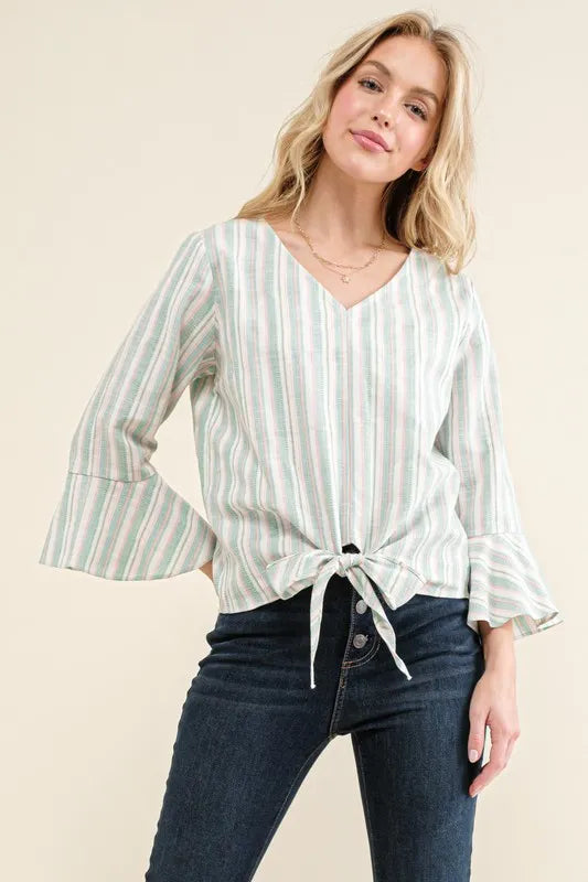Dusty Mint And The Why Stripe Tie Knot Front Bell Sleeve Top