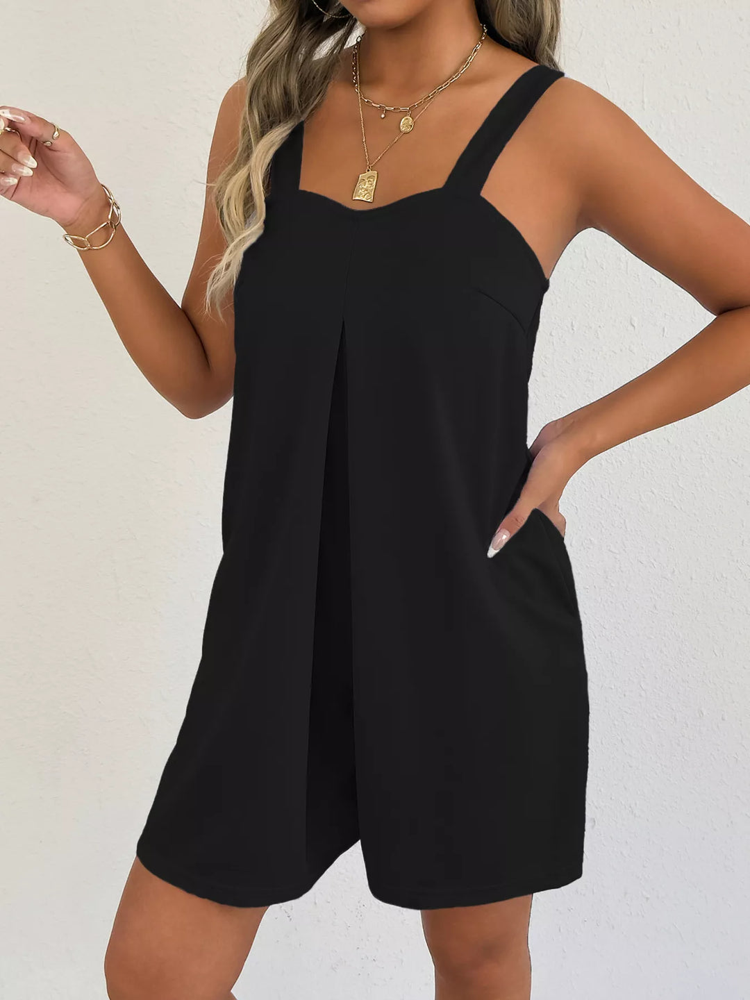 Black Sleeveless Casual Romper With Side Pockets