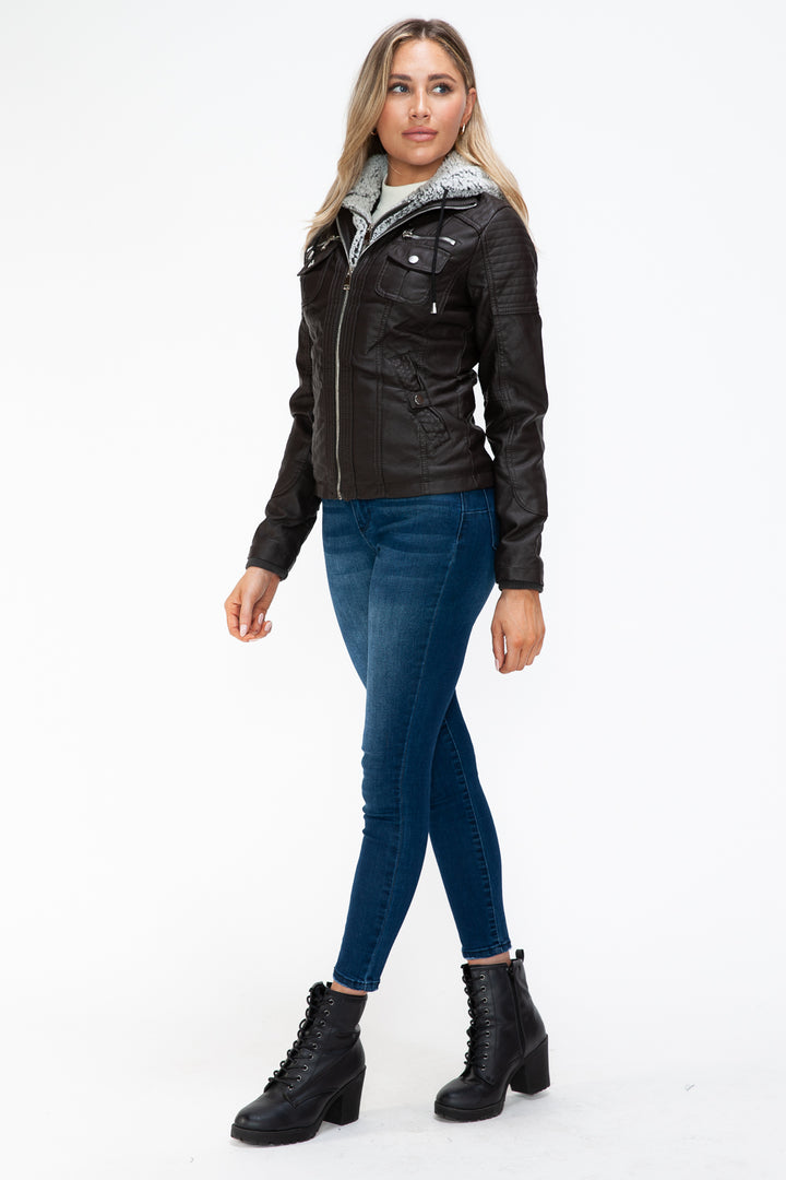 Ymi Removable Faux Layered Multi Pocket Jacket With Fuzzy Hood 3