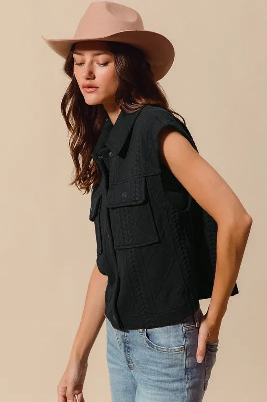Black So Me Cable Quilting Stitch Button Up Knit Vest