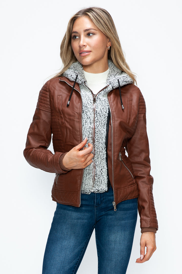 Ymi Faux Layered Double Zipper Jacket With Fuzzy Hood 5
