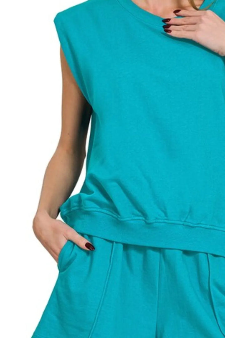 Lt Teal Zenana French Terry Sleeveless Top Shorts Set