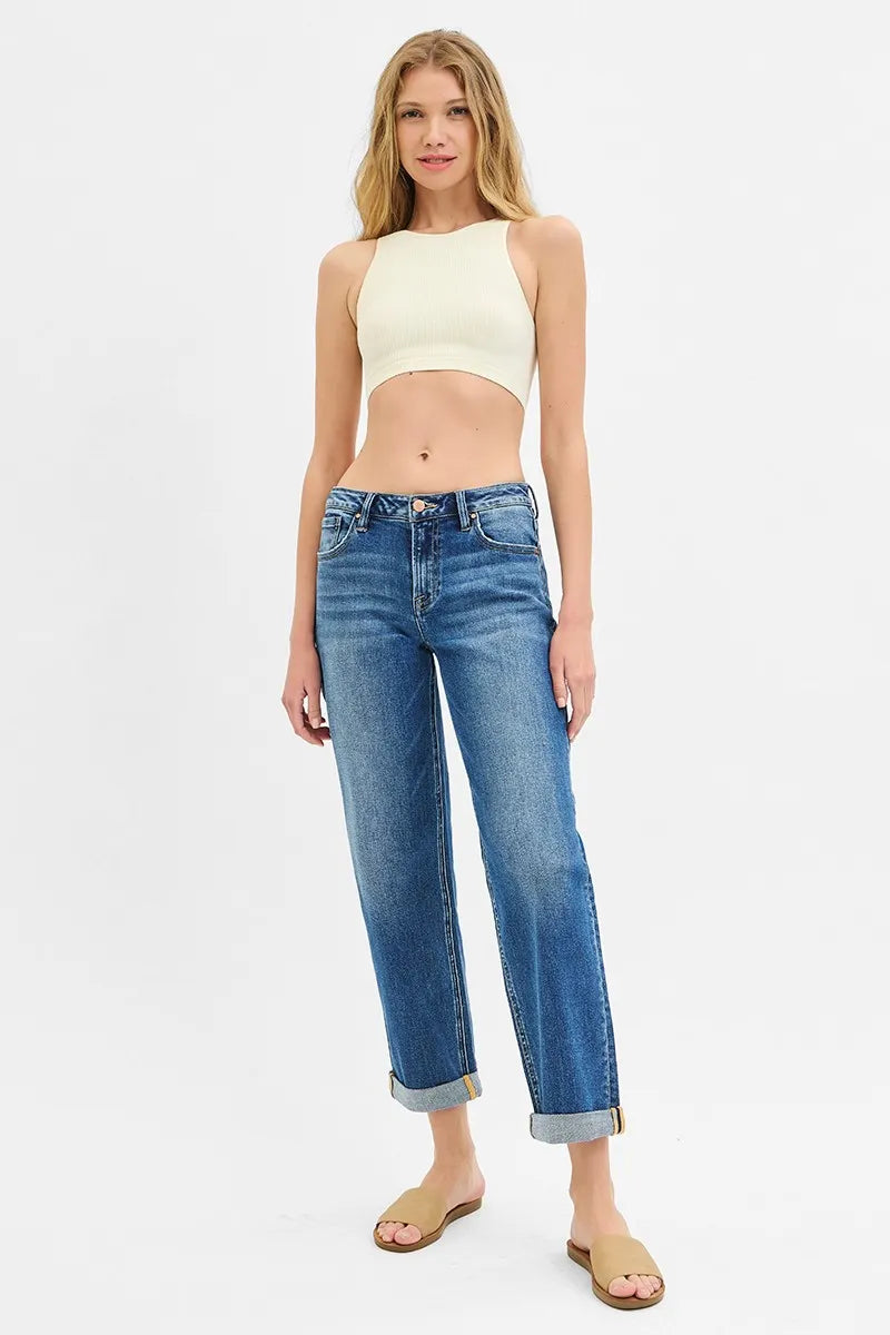 Dark Risen Full Size Mid Rise Boyfriend Roll Up Jeans Plus Size