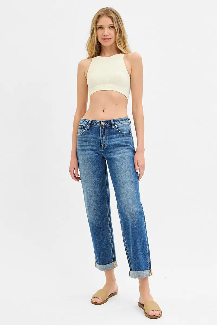 Dark Risen Full Size Mid Rise Boyfriend Roll Up Jeans Plus Size