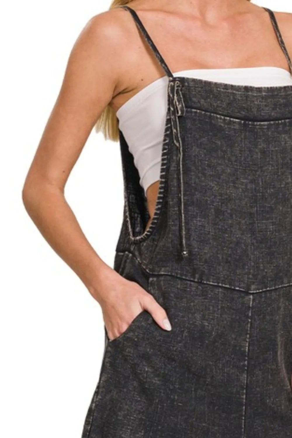 Ash Black Zenana Washed Linen Knot Strap Rompers 1
