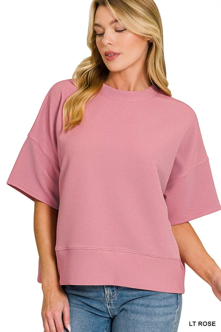 Lt Rose Zenana Ribbed Round Neck Waist Banded T Shirt