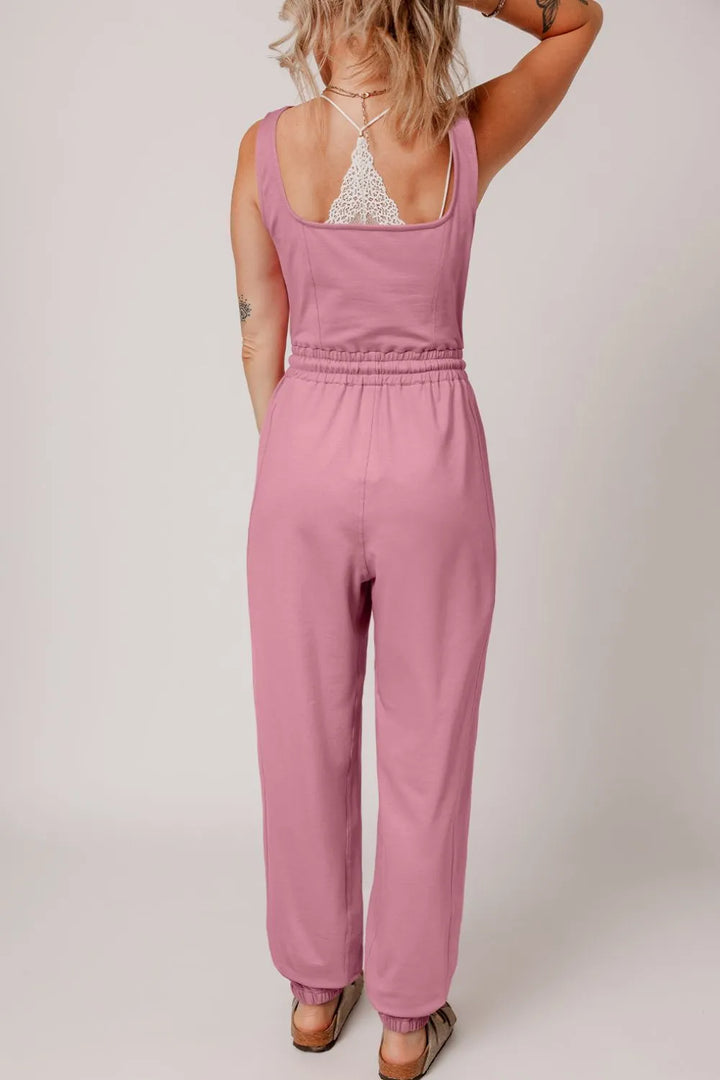 Dusty Pink Elastic Waist Sleeveless Square Neck Jumpsuit