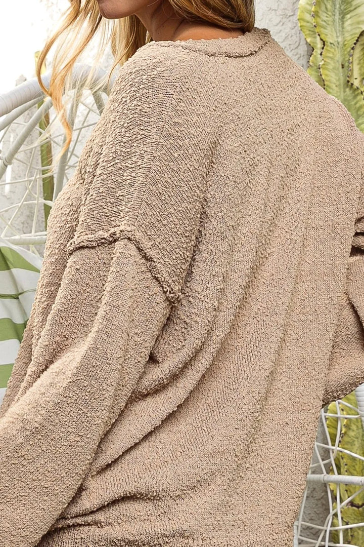 Bibi Raw Edged Popcorn Texture V Neck Sweater
