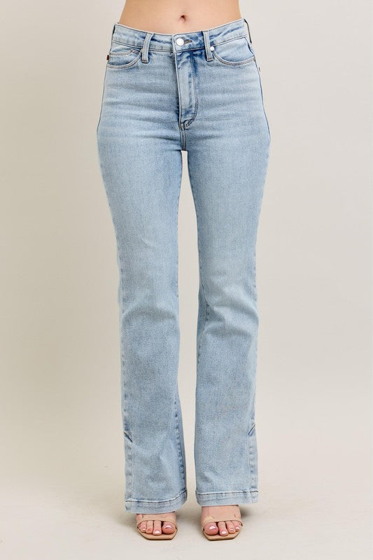 Light Judy Blue Full Size Tummy Control Vintage Wash Side Slit Slim Boot Jeans Plus Size
