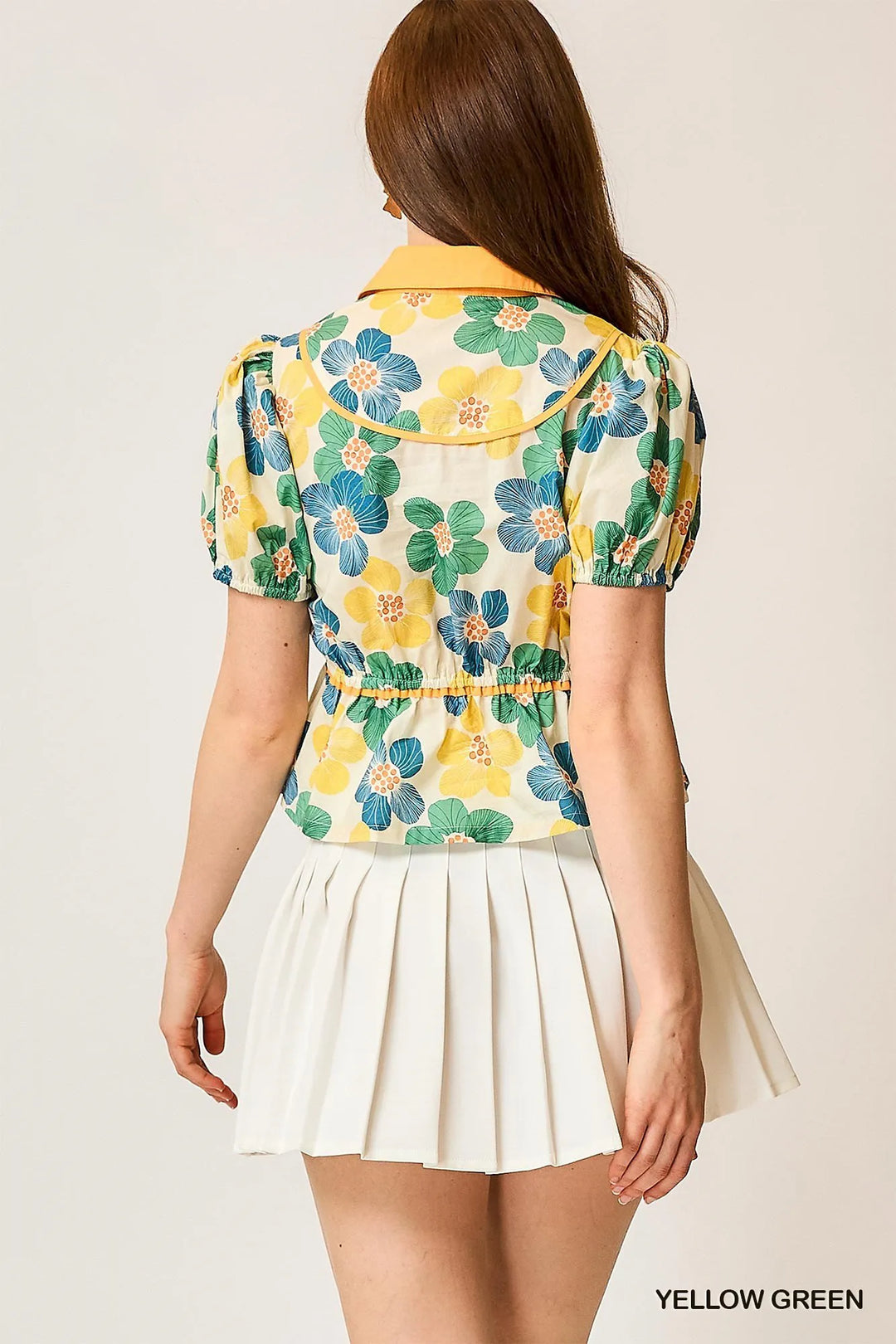 Yellow/Green Umgee Floral Print Puff Sleeve Cropped Blouse