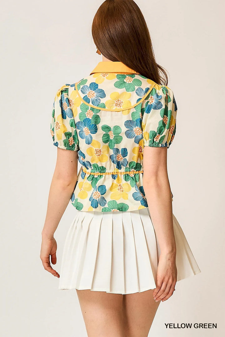 Yellow/Green Umgee Floral Print Puff Sleeve Cropped Blouse