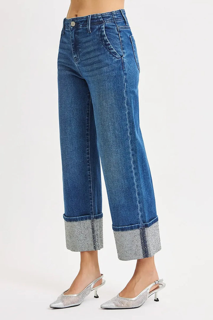 Dark Risen High Rise Ankle Wide Rhine Stone Cuffed Jeans