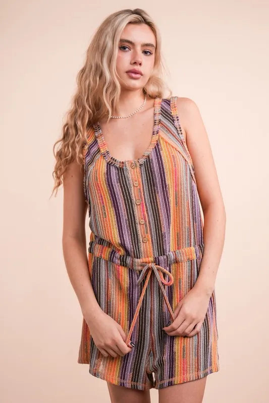 Brick Mix Very J Crochet Multi Color Striped Casual Summer Romper