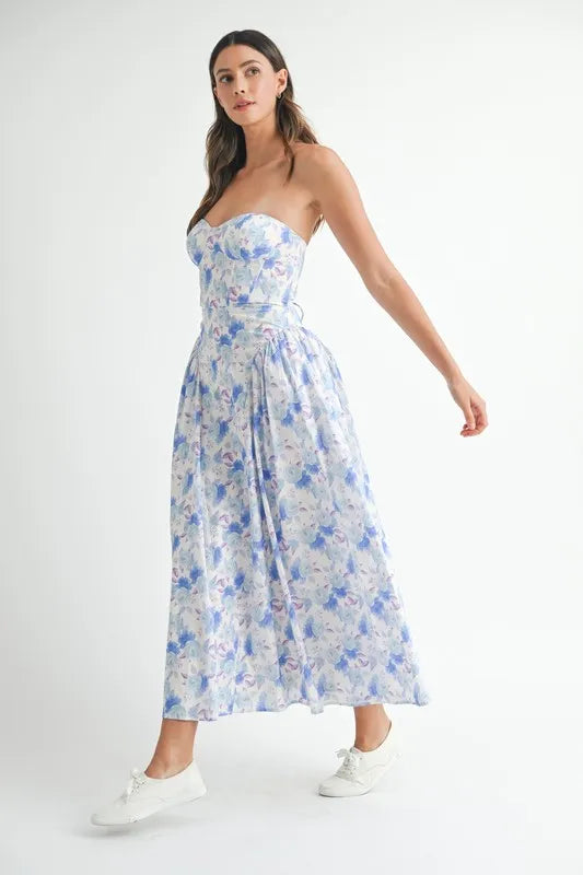 Blue Mable Sweetheart Neckline Floral Printed Midi Dress