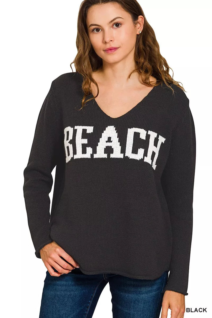 Black Zenana Beach V Neck Sweater