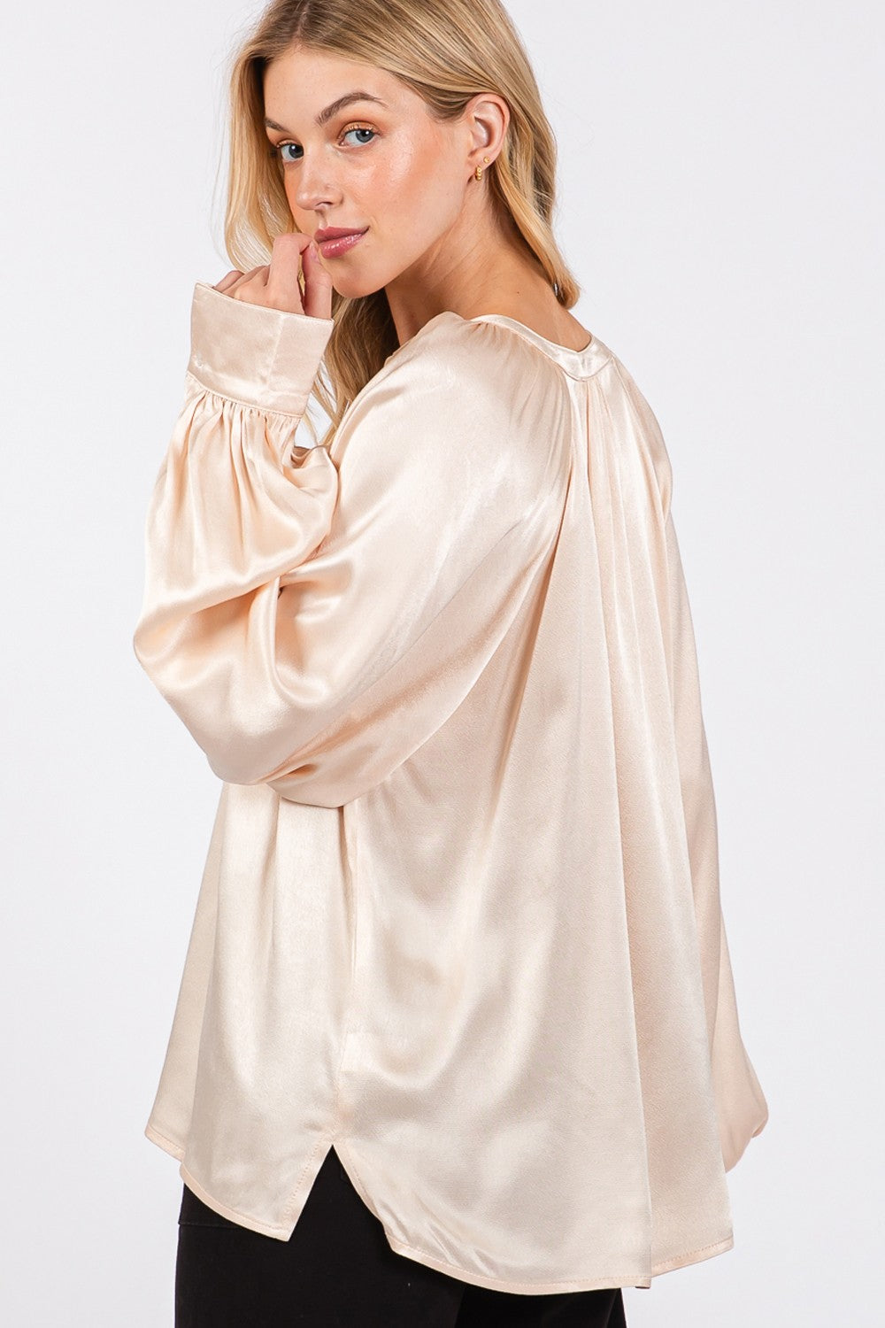 Champagne Sage Fig Notched Long Sleeve Blouse