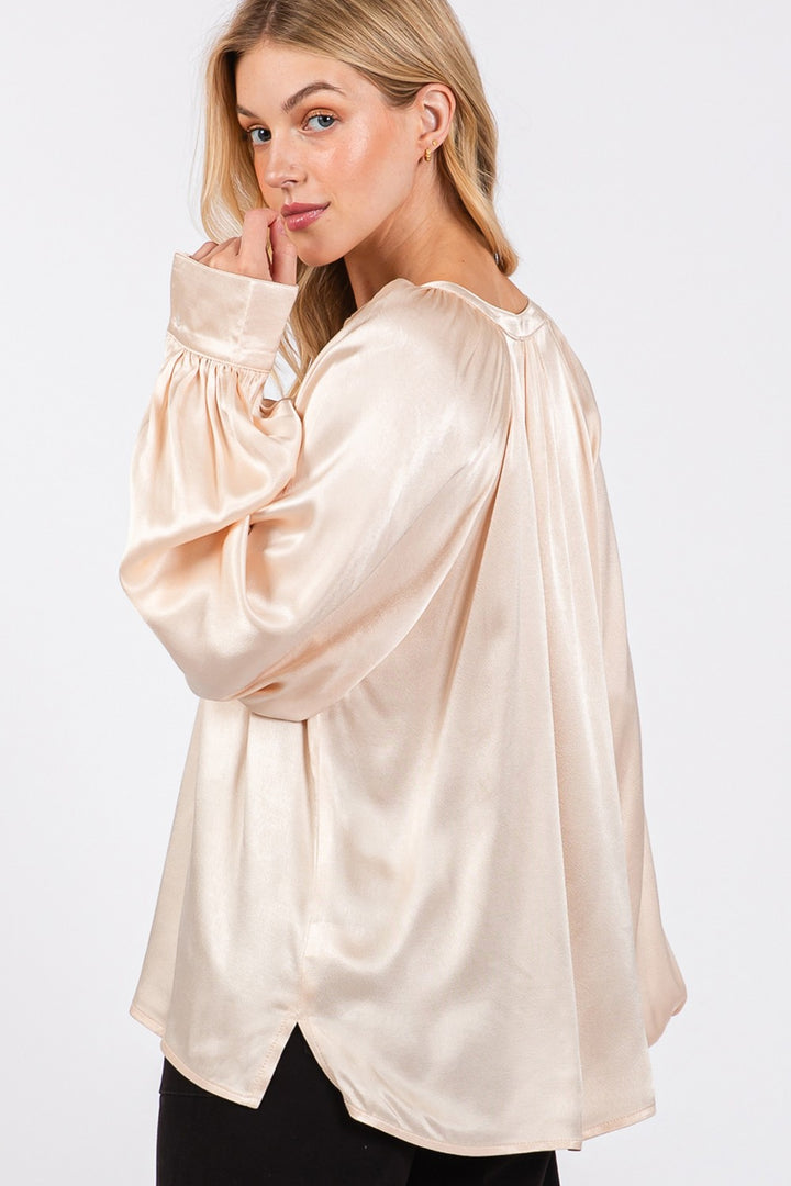Champagne Sage Fig Notched Long Sleeve Blouse