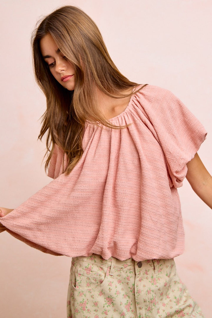 Bibi Stripes Textured Shirred Neckline Bubble Hem Top