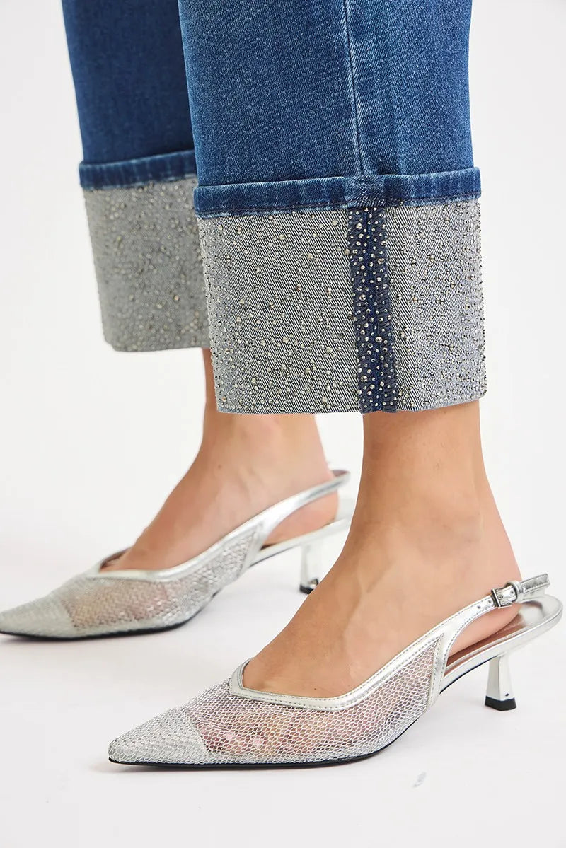 Dark Risen High Rise Ankle Wide Rhine Stone Cuffed Jeans
