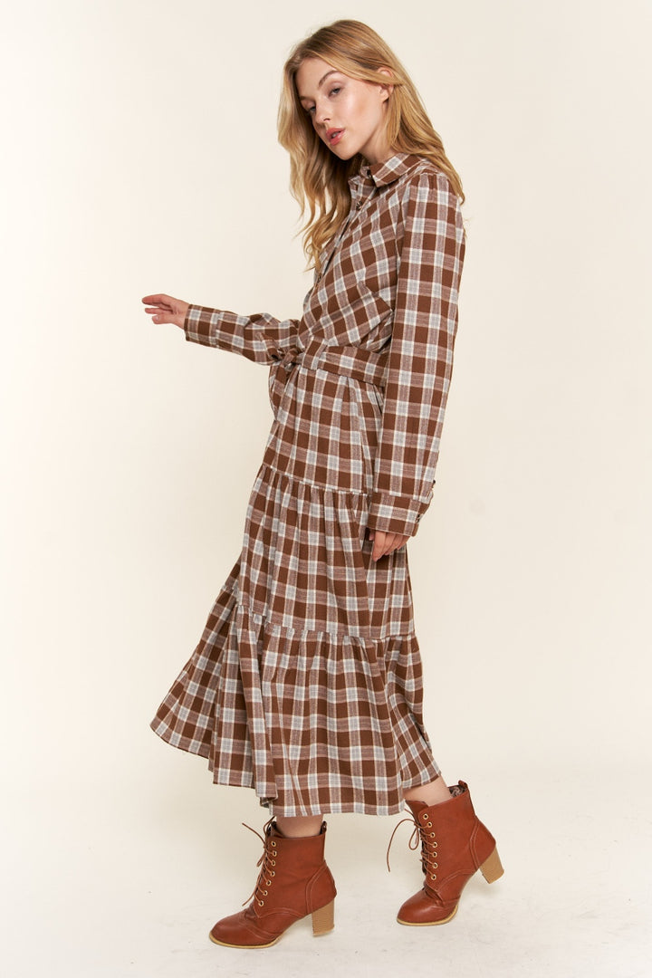 Brown And The Why Plaid Tiered Midi Shirt Dress