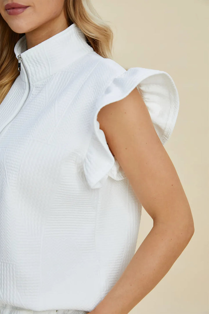 Green Double Take Full Size Texture Flounce Sleeve Top And Shorts Set