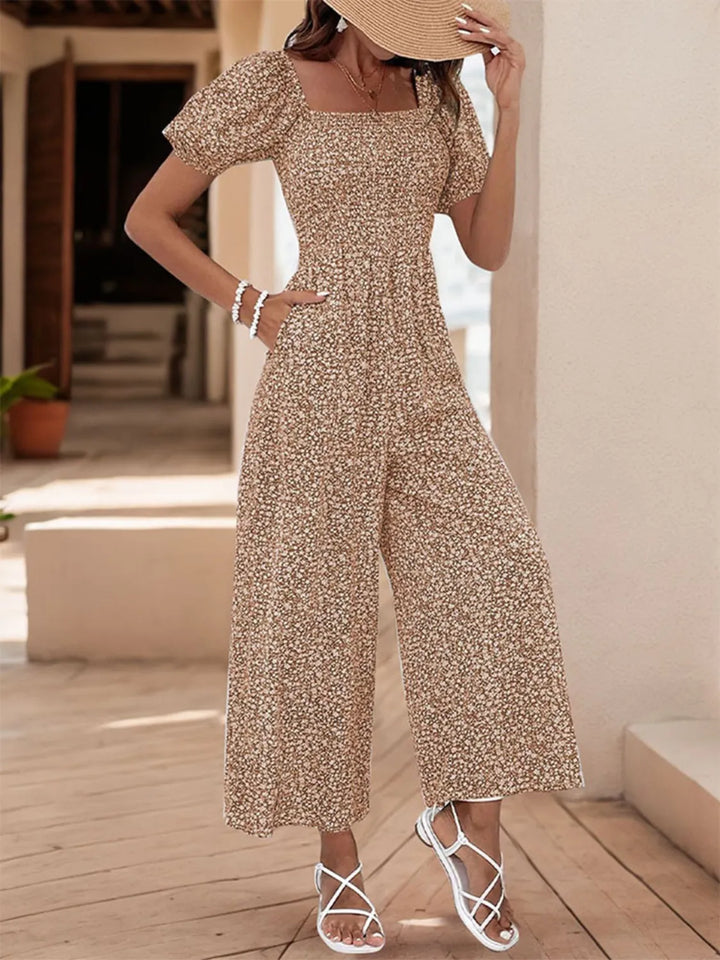 Tan Printed Square Neck Puff Sleeve Jumpsuit