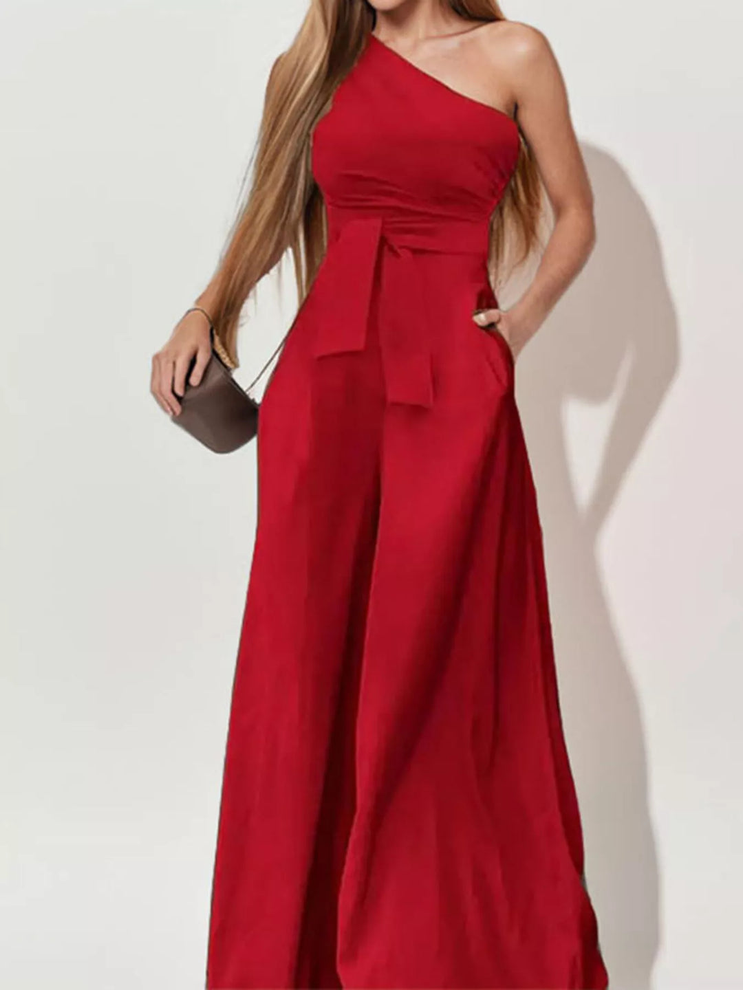 Red Full Size One Shoulder Wide Leg Jumpsuit Plus Size