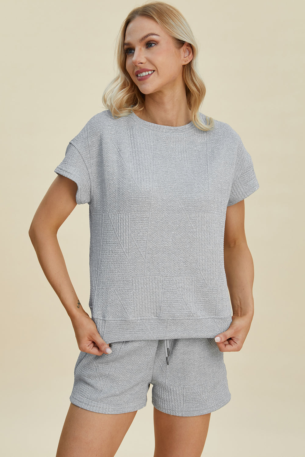 Black Double Take Full Size Texture Short Sleeve Top And Shorts Set