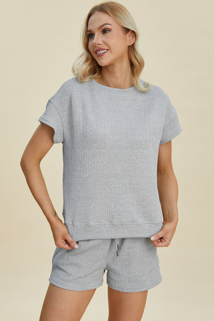Black Double Take Full Size Texture Short Sleeve Top And Shorts Set