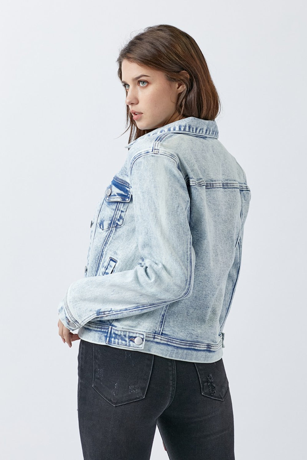 Acid Light Risen Button Up Washed Denim Jacket