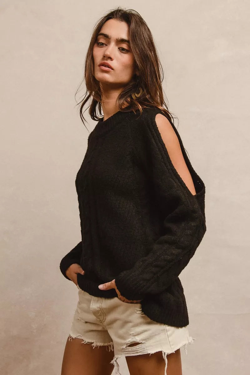 Black Bibi Twist Knitted Open Shoulder Sweater
